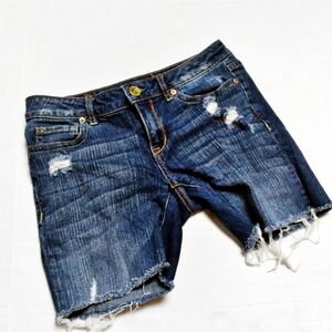 Aeropostale Distressed Frayed Hem Dark Wash Bermuda Jean Shorts Size 2